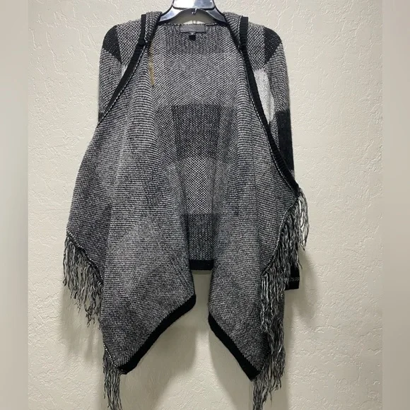 Black,gray and ivory sweater Plaid Fringe Open Front Cardigan back hood size s. - Picture 3 of 7